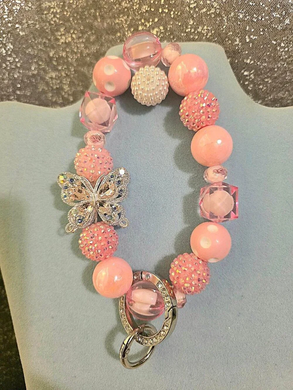 Beaded Handmade Pink Butterfly Keychain Wristlet